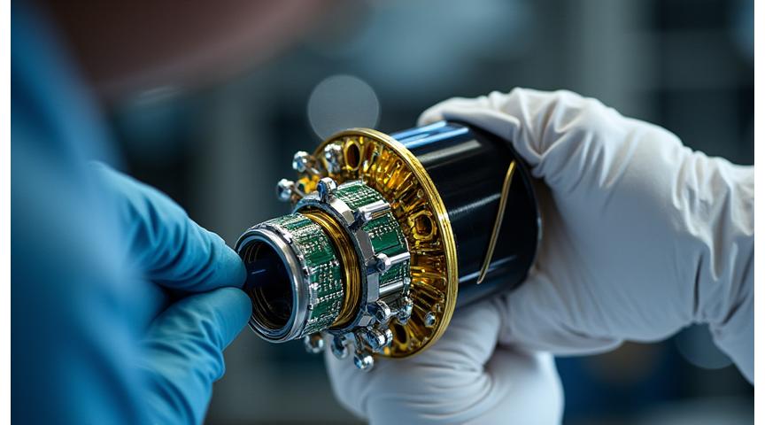 A specialized scientific instrument being integrated into a satellite